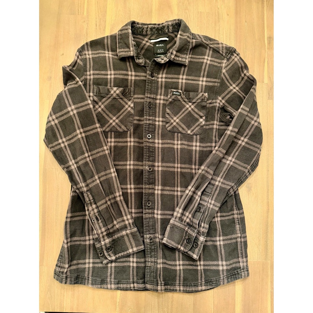 RVCA Men's Regular Fit Flannel Plaid‎ Long Sleeve Shirt Dark Gray Plaid